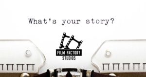 What's your story? on a paper on a typewriter with the film factory studios logo below it.