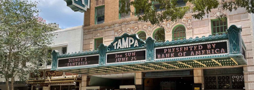 Tampa Theater building and marquee sign in downtown Tampa, FL